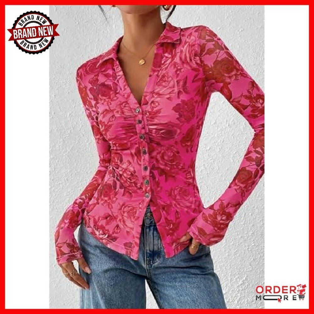 Floral Mesh Blouse Long Sleeve V Neck Boho Button Down Shirt - Picture 3 of 8